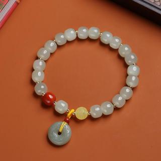 礼物天然和田玉桶珠手链女饰国风复古单圈古法金吊雕花平安扣手串